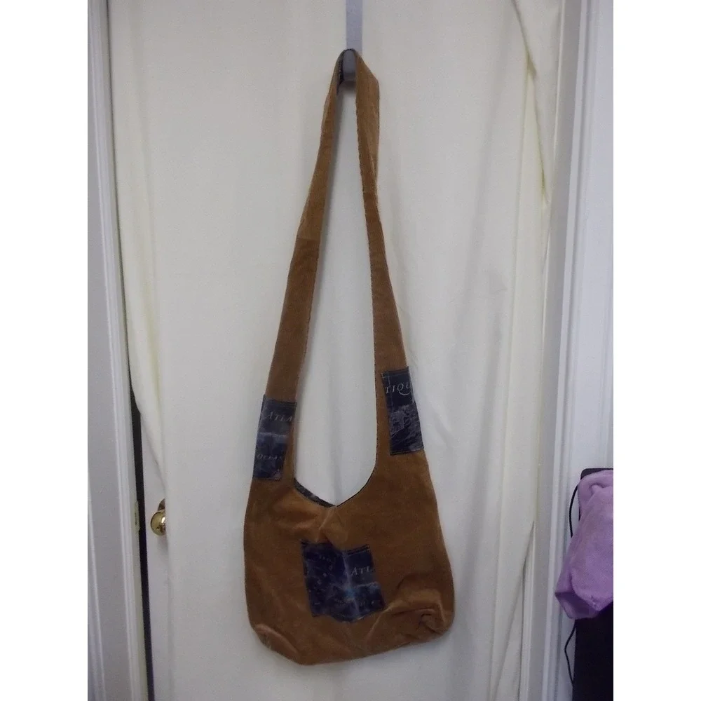 Tan Corduroy Hobo Bag Nautical Map Patch Crossbody Slouchy Tote